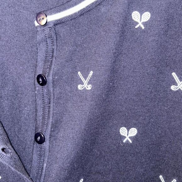 Talbots Navy Embroidered Preppy Charming Cardigan Tennis Golf Classic Knit sz L - Picture 3 of 8